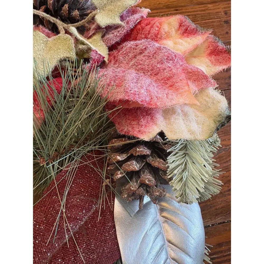 Set of 2 Handmade 19” Poinsettia Winter Wreaths with Greenery Wire Backs